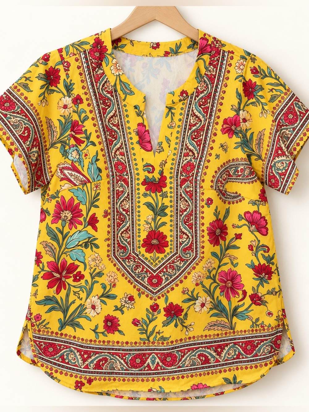SHEIN Curve 0XL Yellow Floral Paisley Boho V-Neck Tunic Blouse NWOT